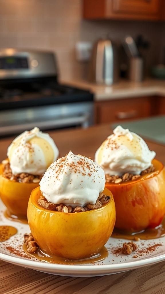 Air Fryer Baked Apples Recipe Warm baked apples with oat filling and vanilla ice cream on a plate, set in a cozy kitchen.